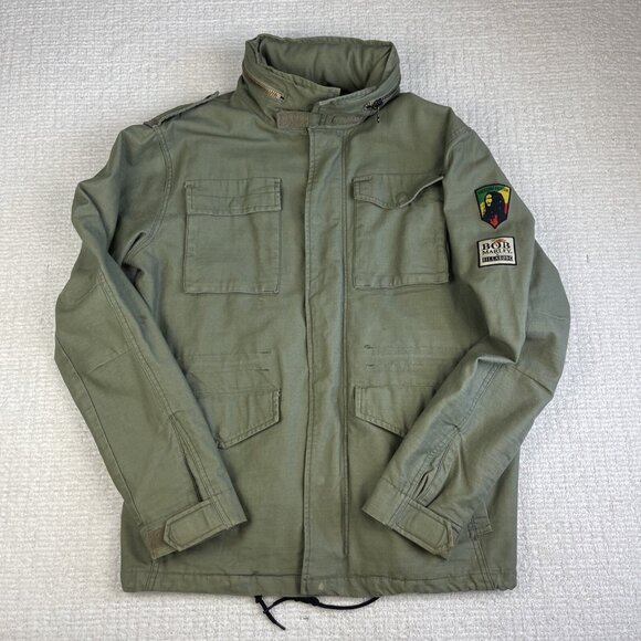 Rare Billabong x Bob Marley Mens M Green Military Style Jacket Rasta Reggae Read - Picture 1 of 16